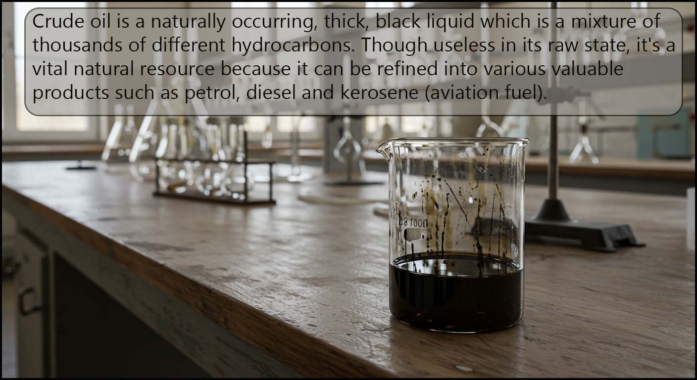 A sample of crude oil in a beaker.